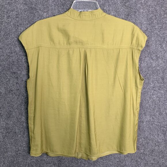 Joie Button Up Blouse Cap Sleeve Olive Band Collar Chest Pockets - Picture 6 of 11